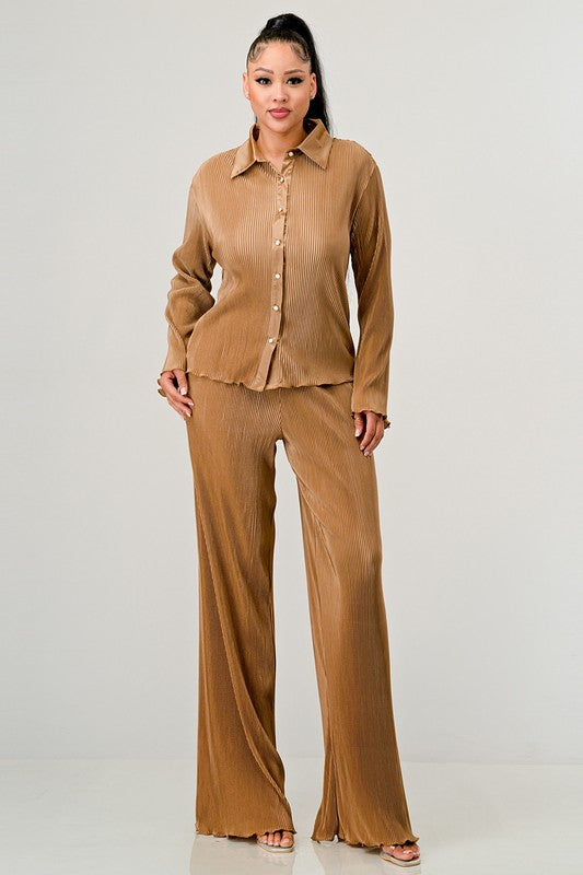 SOLID LONG SLEEVE SHIRT AND WIDE LEG PANTS SET