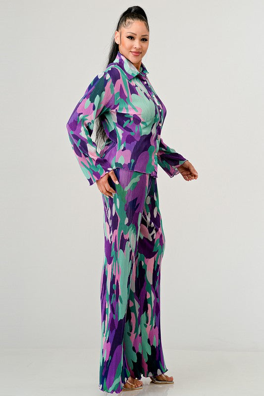 PRINTED LONG SLEEVE TOPN AND WIDE LEG PANTS SET