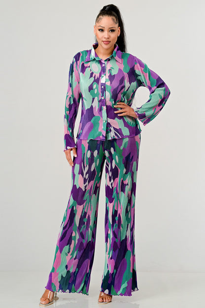 PRINTED LONG SLEEVE TOPN AND WIDE LEG PANTS SET