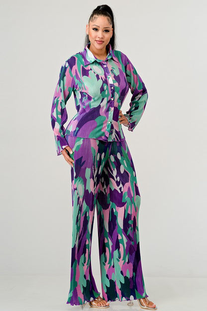 PRINTED LONG SLEEVE TOPN AND WIDE LEG PANTS SET