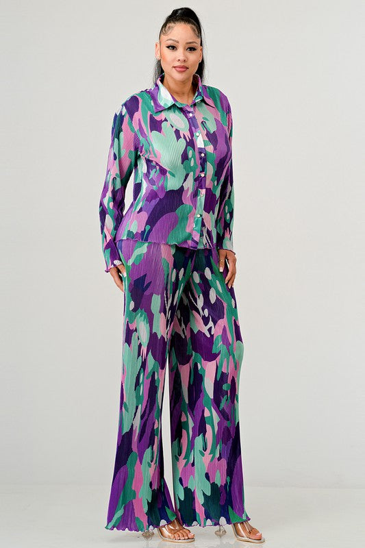 PRINTED LONG SLEEVE TOPN AND WIDE LEG PANTS SET