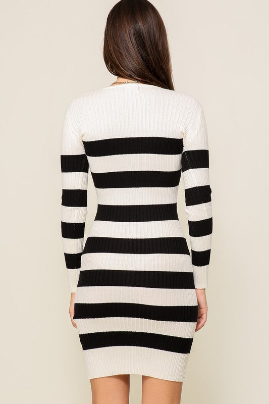 STRIPED BODYCON KNIT MINI SWEATER DRESS