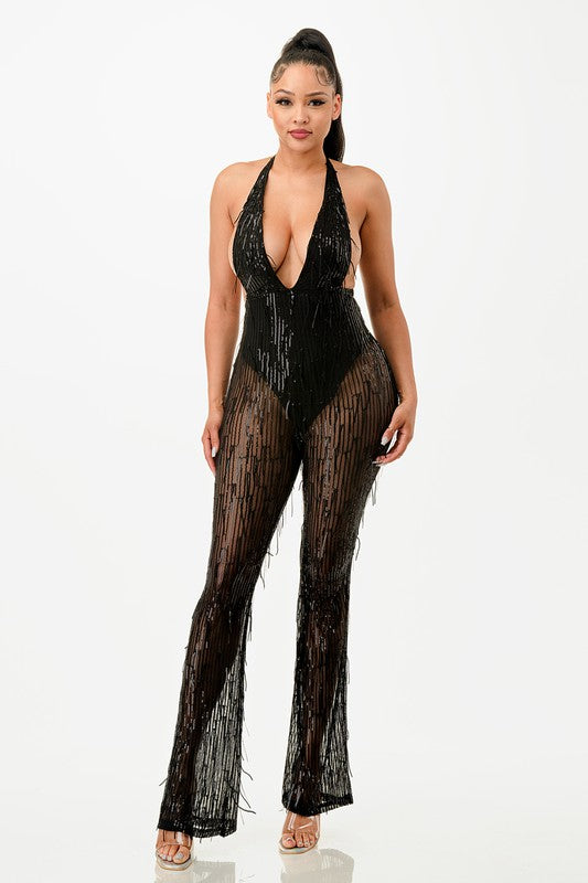 SPANGLE FEATHER COCKTAIL JUMPSUIT