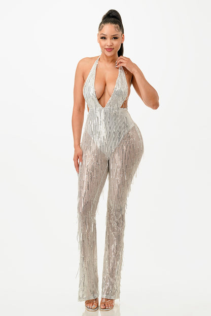 SPANGLE FEATHER COCKTAIL JUMPSUIT