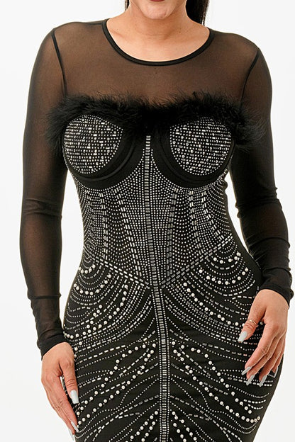 LONG SLEEVE WAIST FEATHER SEXY RHINESTONE DRESS