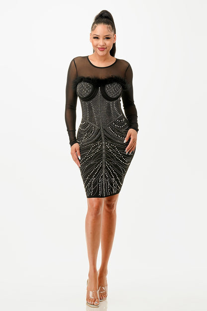 LONG SLEEVE WAIST FEATHER SEXY RHINESTONE DRESS