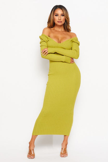 (DEEP V-NECK) OR (OFF SHOULDER) LONG SLEEVE RIB MIDI DRESS