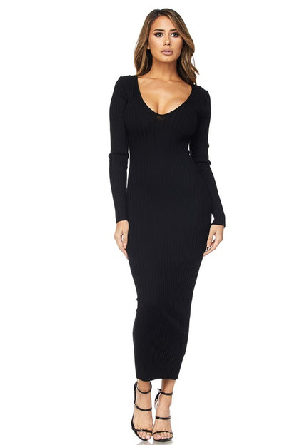 (DEEP V-NECK) OR (OFF SHOULDER) LONG SLEEVE RIB MIDI DRESS