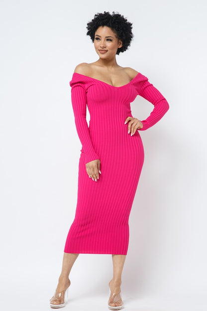 (DEEP V-NECK) OR (OFF SHOULDER) LONG SLEEVE RIB MIDI DRESS