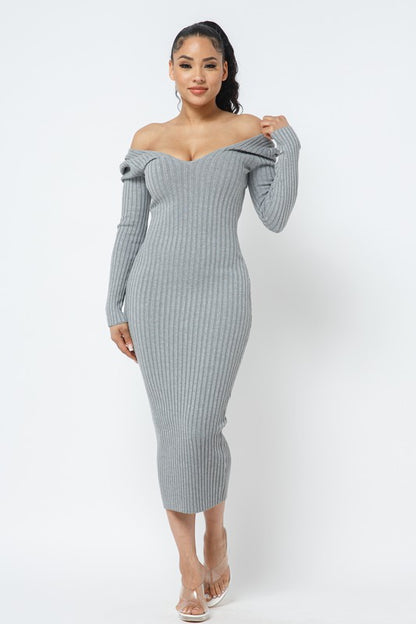 (DEEP V-NECK) OR (OFF SHOULDER) LONG SLEEVE RIB MIDI DRESS