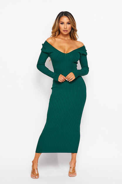 (DEEP V-NECK) OR (OFF SHOULDER) LONG SLEEVE RIB MIDI DRESS