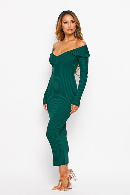 (DEEP V-NECK) OR (OFF SHOULDER) LONG SLEEVE RIB MIDI DRESS