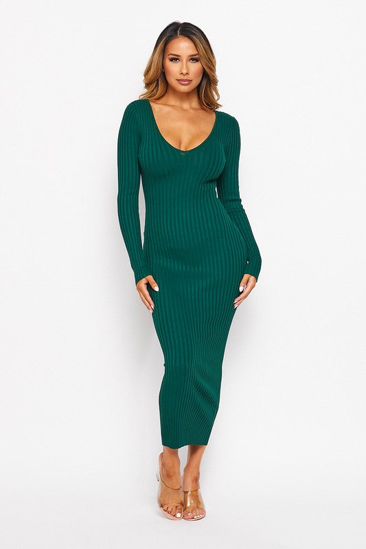 (DEEP V-NECK) OR (OFF SHOULDER) LONG SLEEVE RIB MIDI DRESS