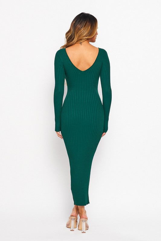 (DEEP V-NECK) OR (OFF SHOULDER) LONG SLEEVE RIB MIDI DRESS