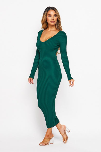 (DEEP V-NECK) OR (OFF SHOULDER) LONG SLEEVE RIB MIDI DRESS