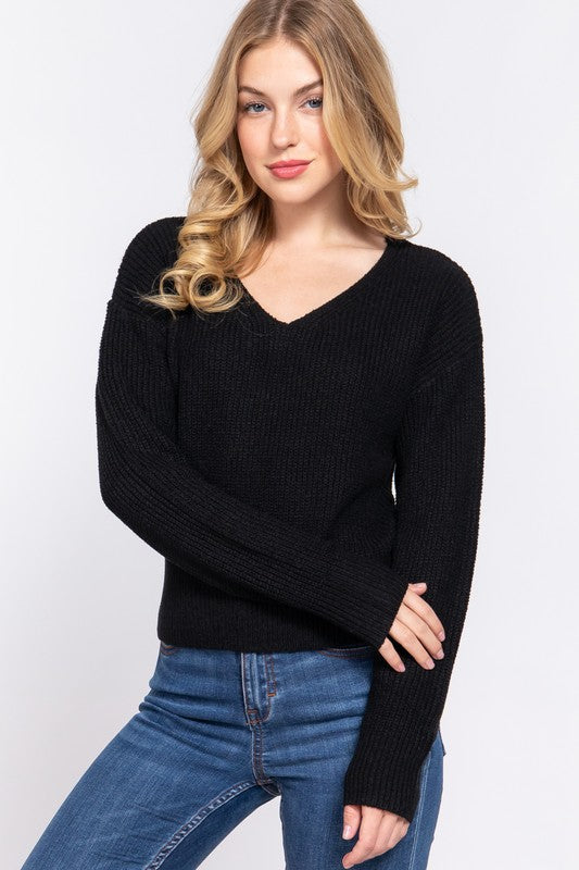 DOLMAN LONG SLV V-NECK STRAPPY OPEN BACK SWEATER