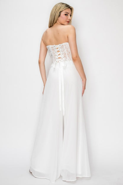 CROCHET CROP TOP WITH CHIFFON WIDE LEG PANTS SET