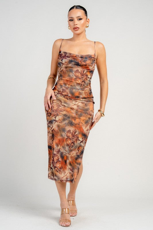 COWL NECK W SIDE LEG SLIT MIDI DRESS