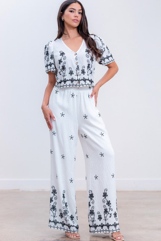 BUTTON UP EMBROIDERED TOP AMD PANTS SET