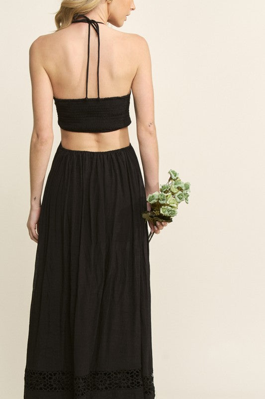 STONE BEAD HALTER STRAP CUTOUT MAXI DRESS