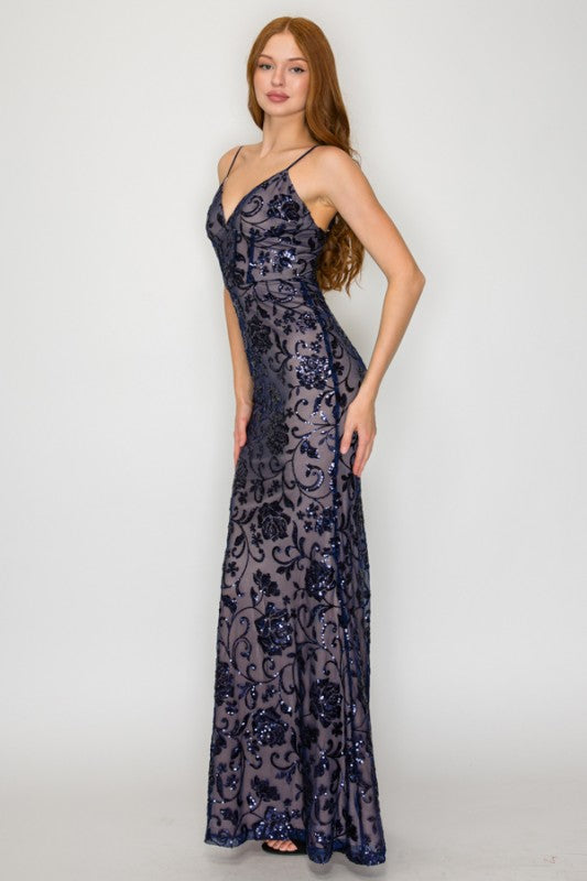 FLORAL SEQUIN CORSET MAXI COCKTAIL DRESS