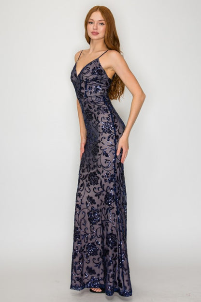 FLORAL SEQUIN CORSET MAXI COCKTAIL DRESS