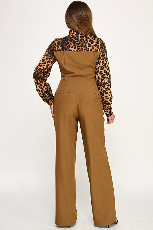 LONG SLEEVE NECK TIE WITH 2 FER DETAIL TOP PANTS SET