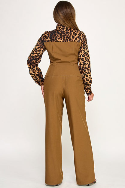 LONG SLEEVE NECK TIE WITH 2 FER DETAIL TOP PANTS SET