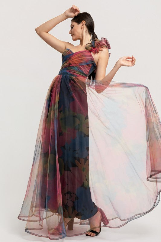 ONE SHOULDER BACK LACE UP FLORAL MESH DRESS