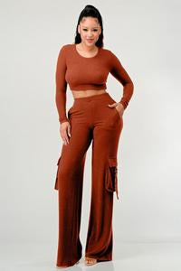 2 PIECES SET LONG SLEEVE TOP AND WIDE LEG CARGO PANTS SET