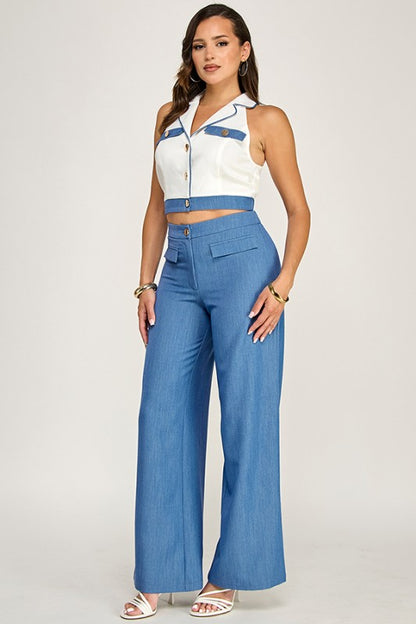 HALTER VEST TOP WITH CONTRAST PANTS SET