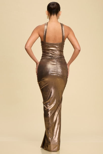 METALLIC GOLD ACCENT MAXI PARTY DRESS