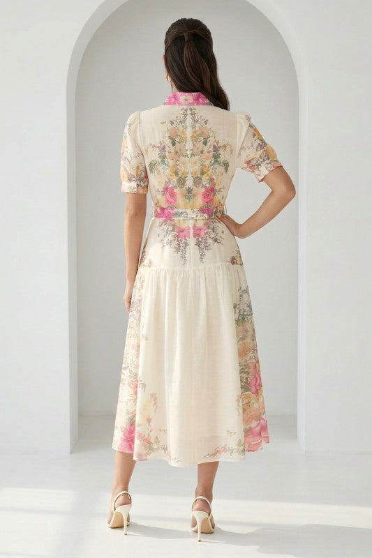 PRINTED SHORT CUFF SLEEVES MIDI DRESS WITH BELT (Copy)