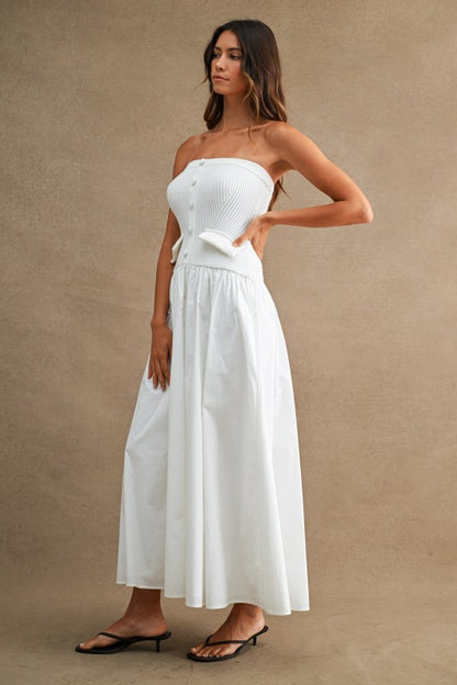 STRAPLESS RIBBED KNIT BODICE POPLIN MIX MAXI DRESS
