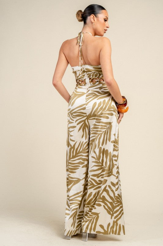 SATIN PRINT W/ WAIST RING TRIM JUMPSUIT