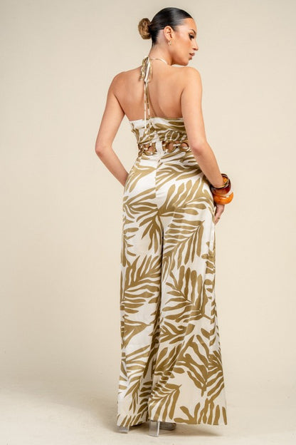 SATIN PRINT W/ WAIST RING TRIM JUMPSUIT