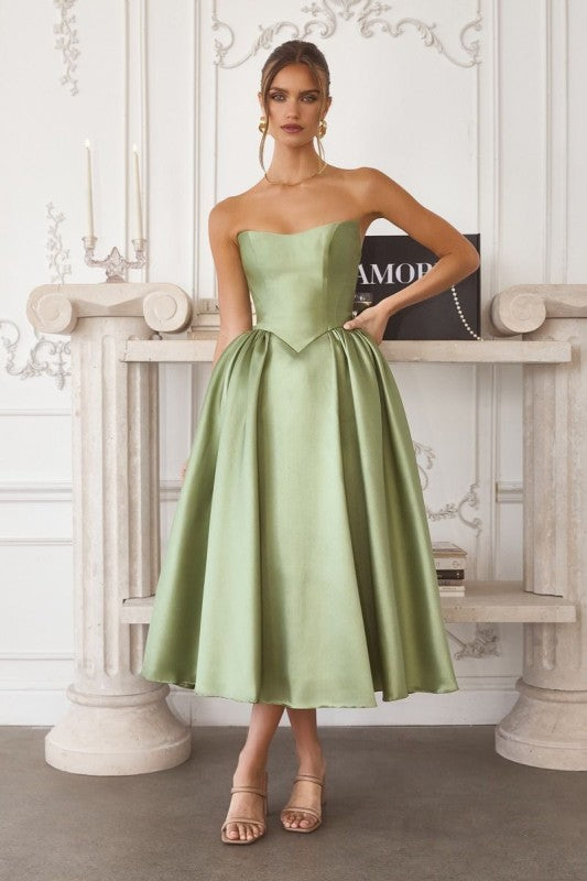 STRAPLESS NECKLINE MIDI SATIN COCKTAIL DRESS