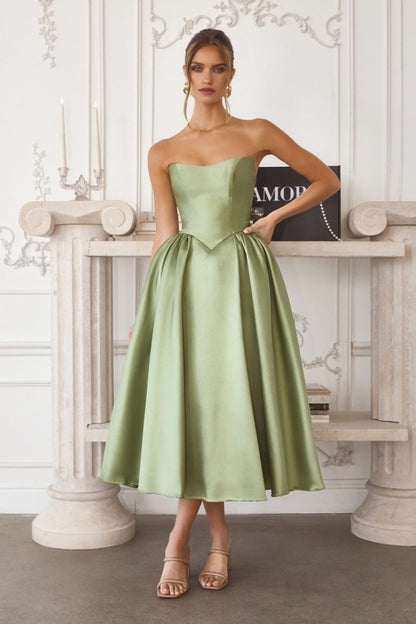 STRAPLESS NECKLINE MIDI SATIN COCKTAIL DRESS
