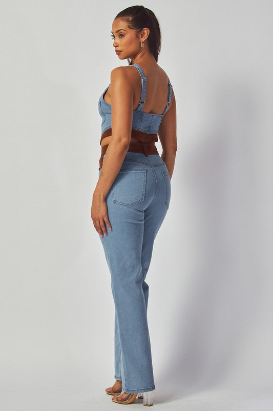 AISILINN SEUEDE CONTRAST DENIM TOP & PANTS SET