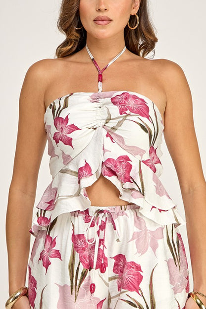 PRINTED HALTER TOP SHORT SET WITH WITH STONE TRIM