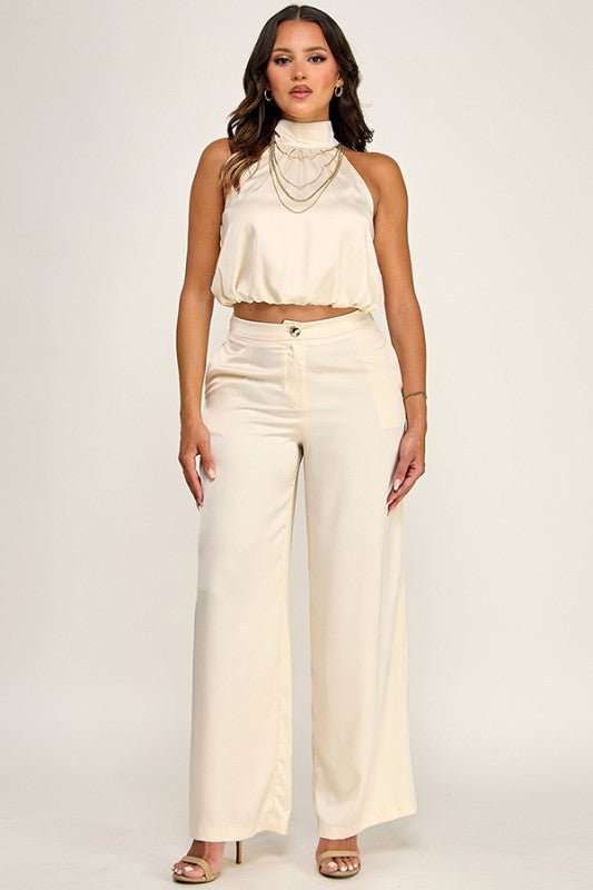 HALTER NECK CHAIN TRIM TOP W/ PANTS SET