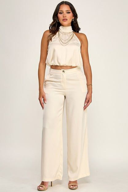 HALTER NECK CHAIN TRIM TOP W/ PANTS SET