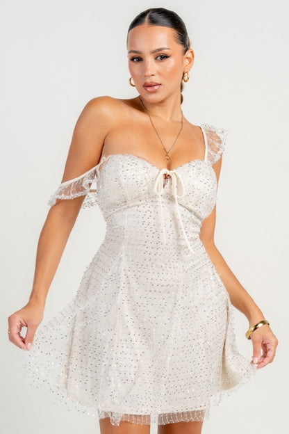 OFF THE SHOULDER EMBELLISHMENT A-LINE MINI PARTY DRESS