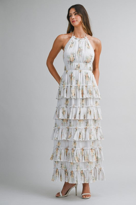 PRINTED FLORAL TIERED MIDI SUMMER DRESS