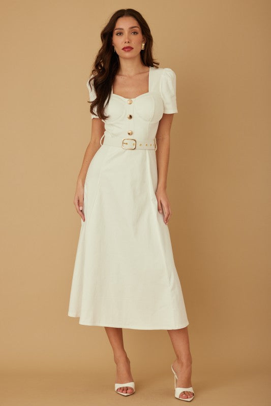 DENIM PUFF SHOULDER MIDI DRESS