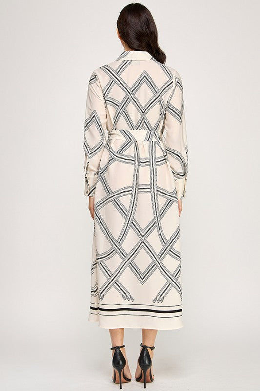 PRINTED LONG SLEEVE BUTTON DOWN MIDI DRESS WITH SELF BELT
