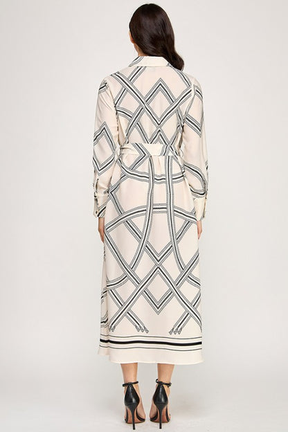 PRINTED LONG SLEEVE BUTTON DOWN MIDI DRESS WITH SELF BELT
