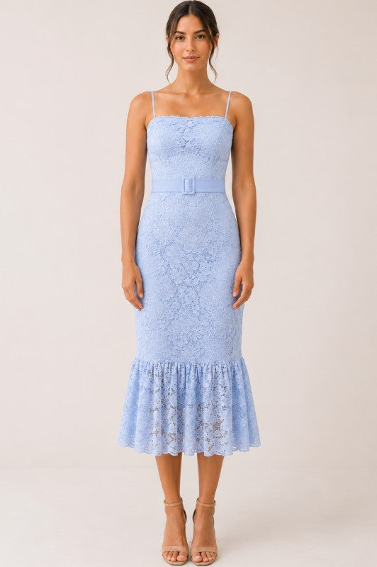 LACE FLOUNCE MIDI DRESS