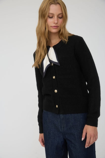 SCARF NECK DETAIL BUTTON DOWN KNIT CARDIGAN