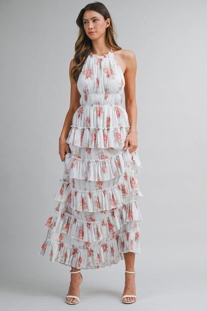 PRINTED FLORAL TIERED MIDI SUMMER DRESS